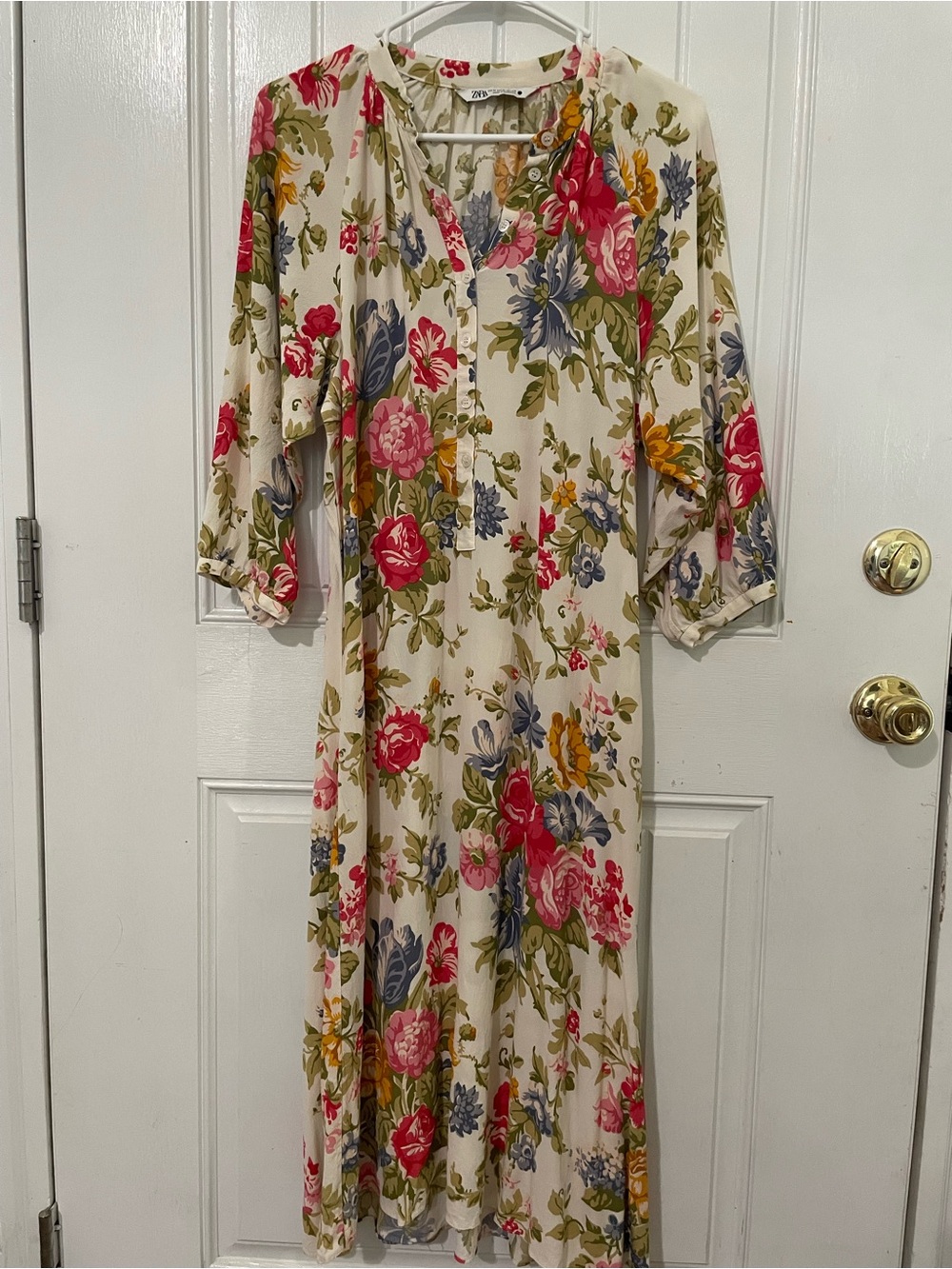 Zara Floral Cream Shift Button Front Dress Medium